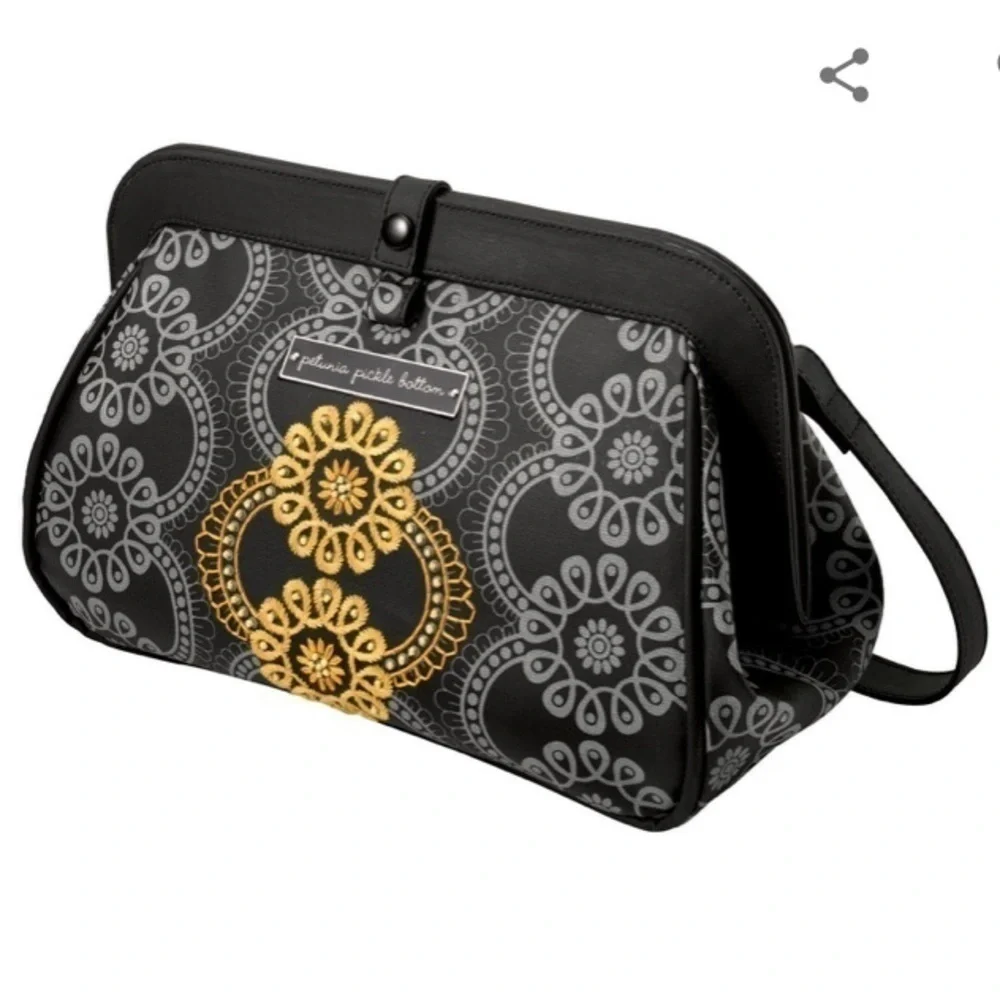 PETUNIA pickle bottom paisley black/gray diaper bag and gray/white wipes clutch